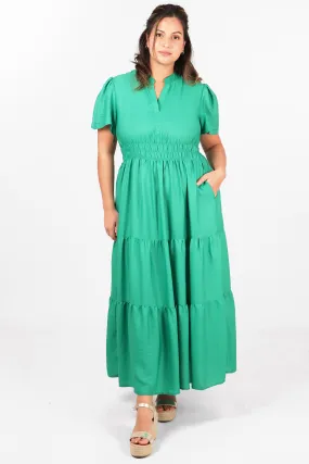 Grandad Collar Tiered Maxi Dress with Elasticated Waist in Green