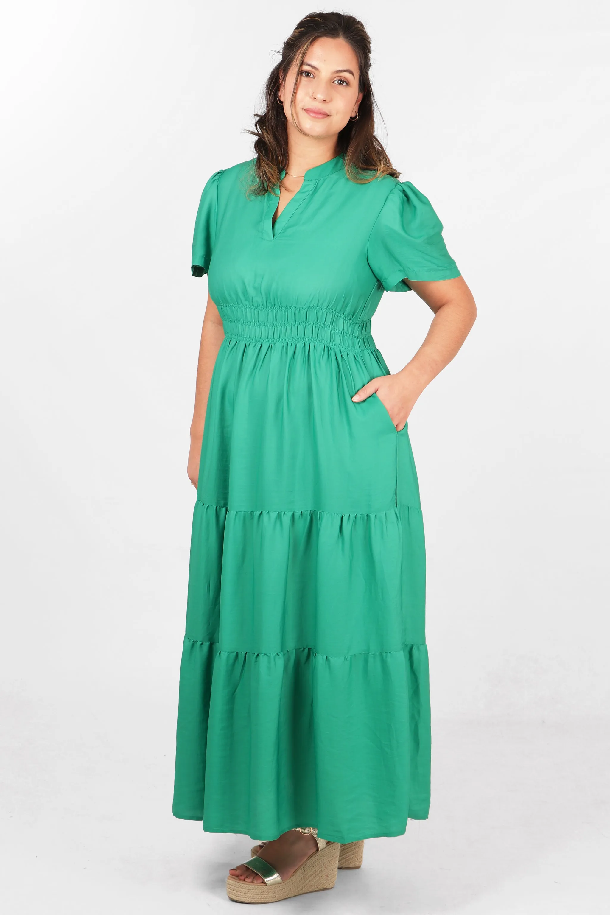 Grandad Collar Tiered Maxi Dress with Elasticated Waist in Green