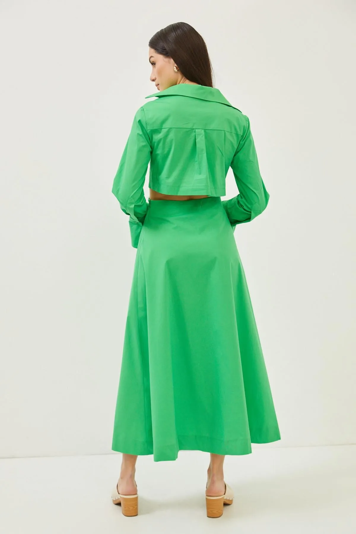 Green Cotton Cut Out Detail Long Sleeve Maxi Dress