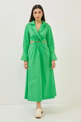 Green Cotton Cut Out Detail Long Sleeve Maxi Dress