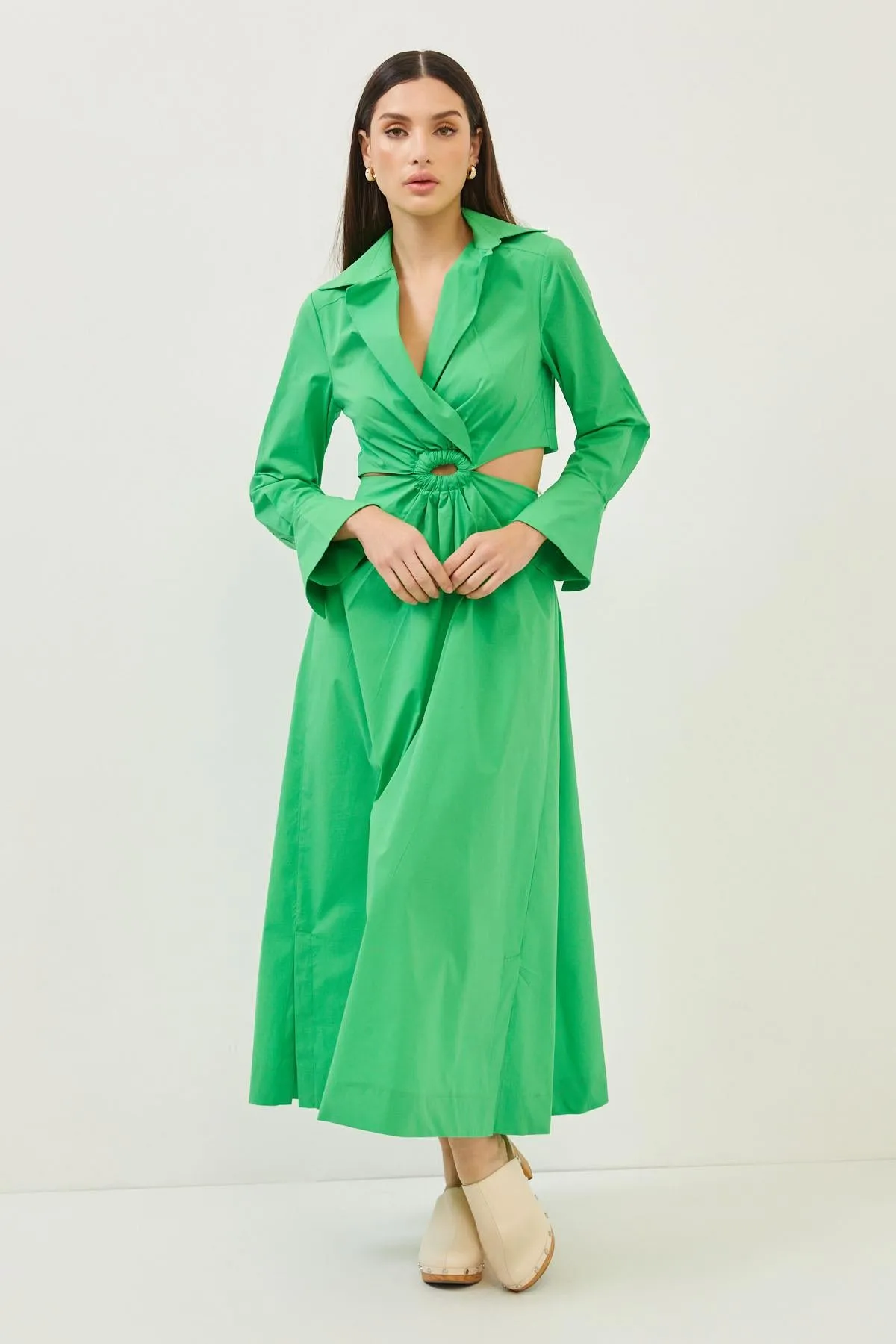Green Cotton Cut Out Detail Long Sleeve Maxi Dress