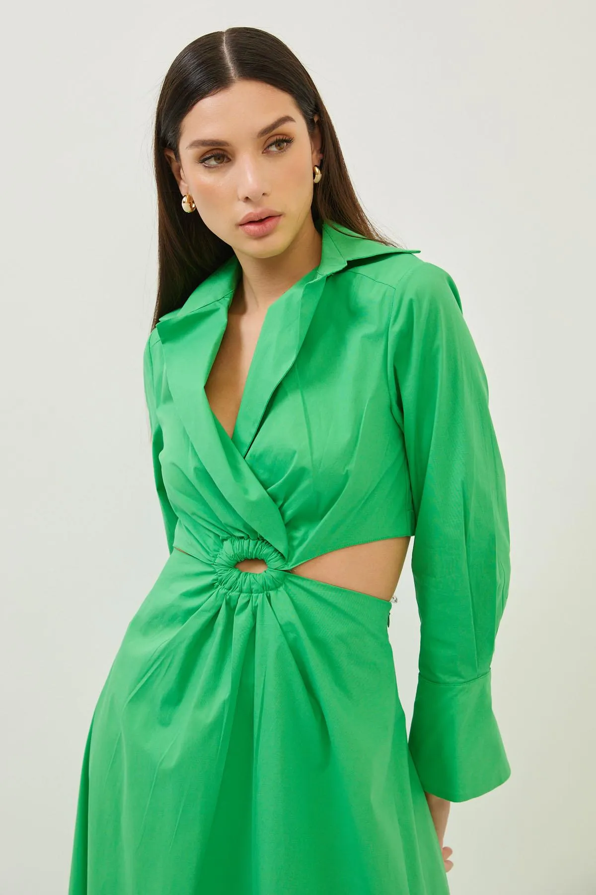 Green Cotton Cut Out Detail Long Sleeve Maxi Dress