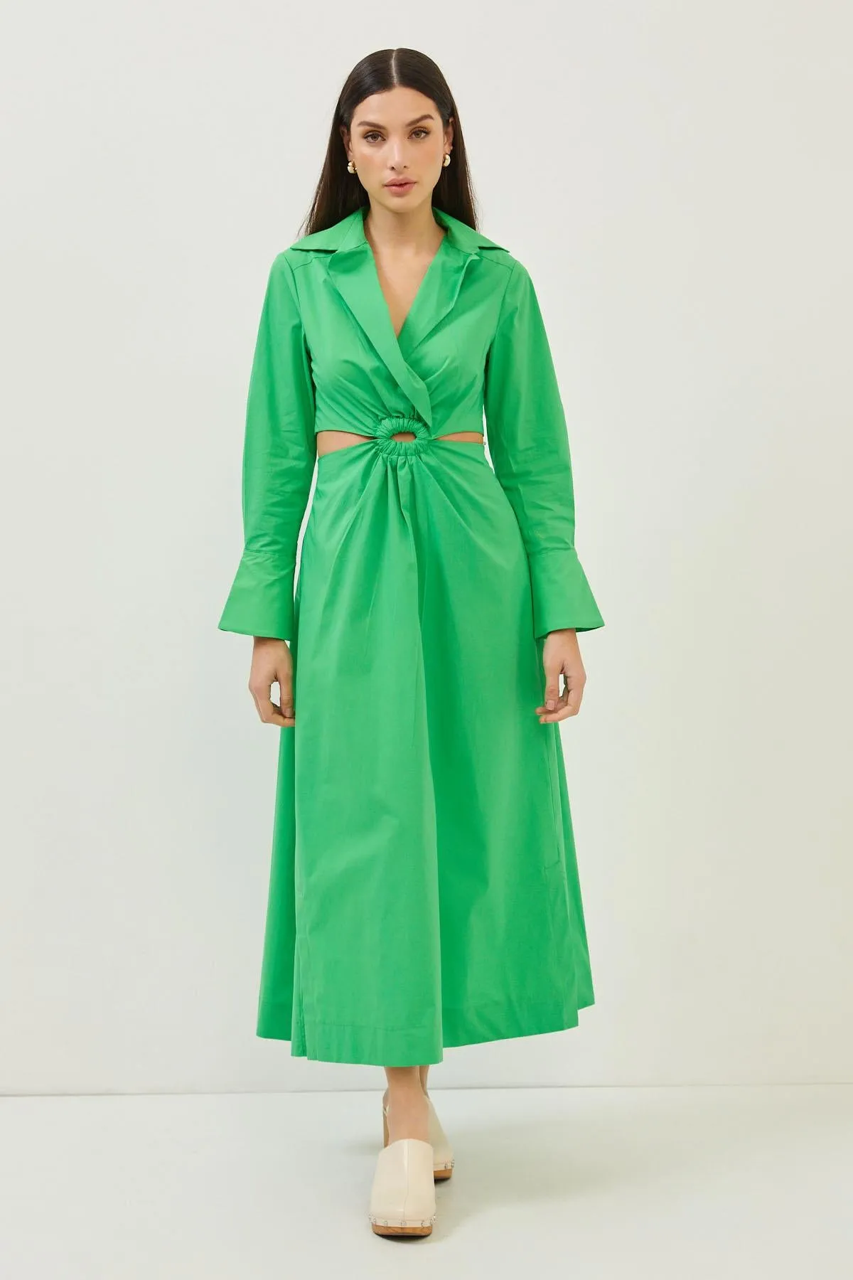 Green Cotton Cut Out Detail Long Sleeve Maxi Dress