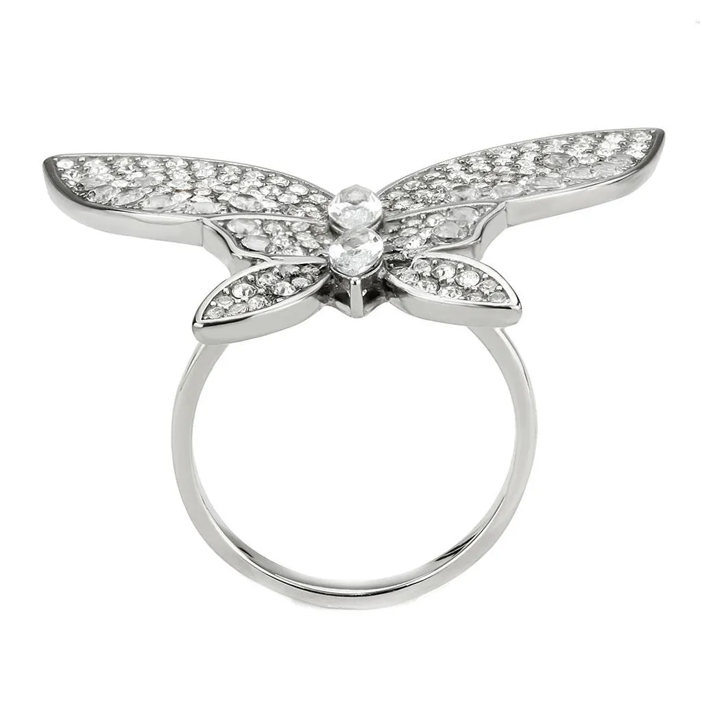High polished (no plating) Stainless Steel Ring with AAA Grade CZ in Clear for Women Style DA365