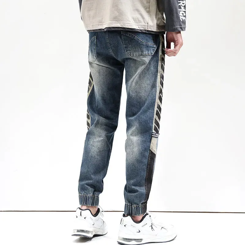 Jeans Men Oversize Pants Harem Joggers Elastic Waist Streetwear Side Striped Tapered Jeans Kpop Loose Fit Male Denim Trousers