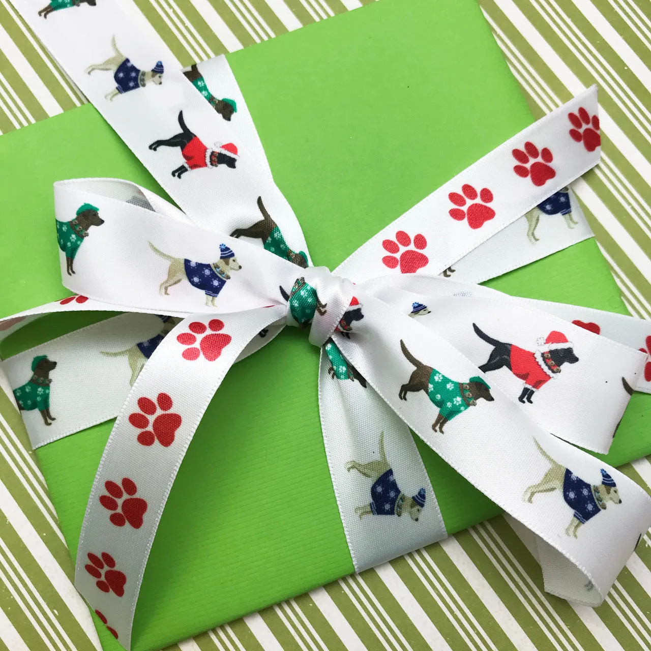 Labrador Retriever in holiday sweaters  ribbon printed on 7/8" white satin and grosgrain