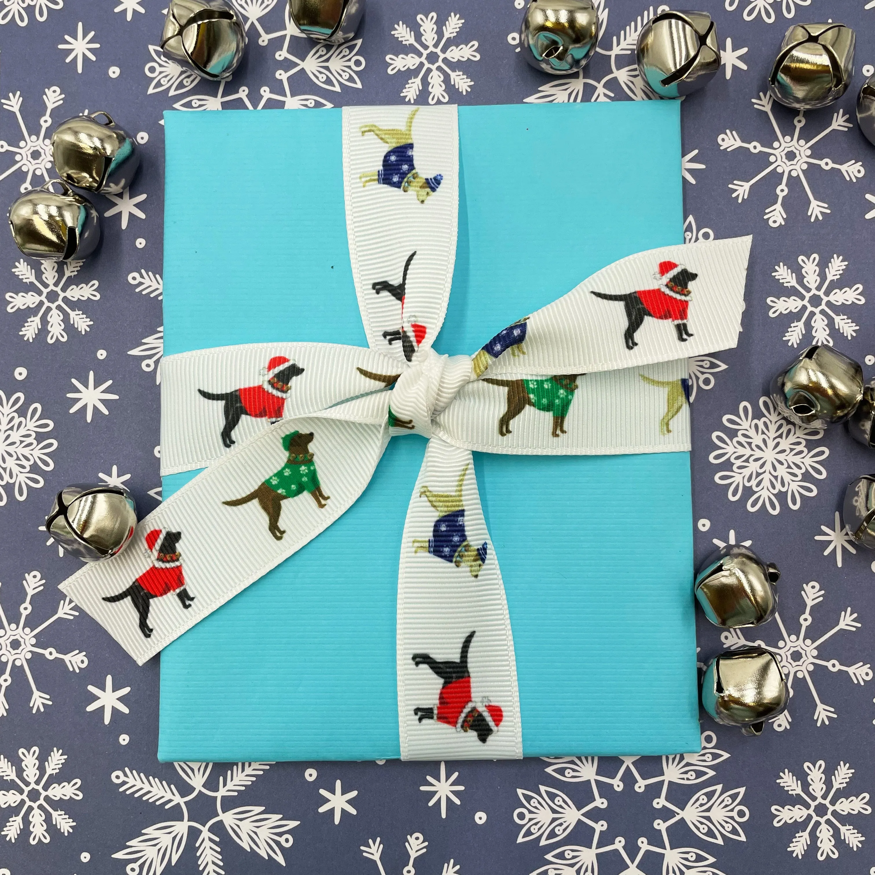 Labrador Retriever in holiday sweaters  ribbon printed on 7/8" white satin and grosgrain