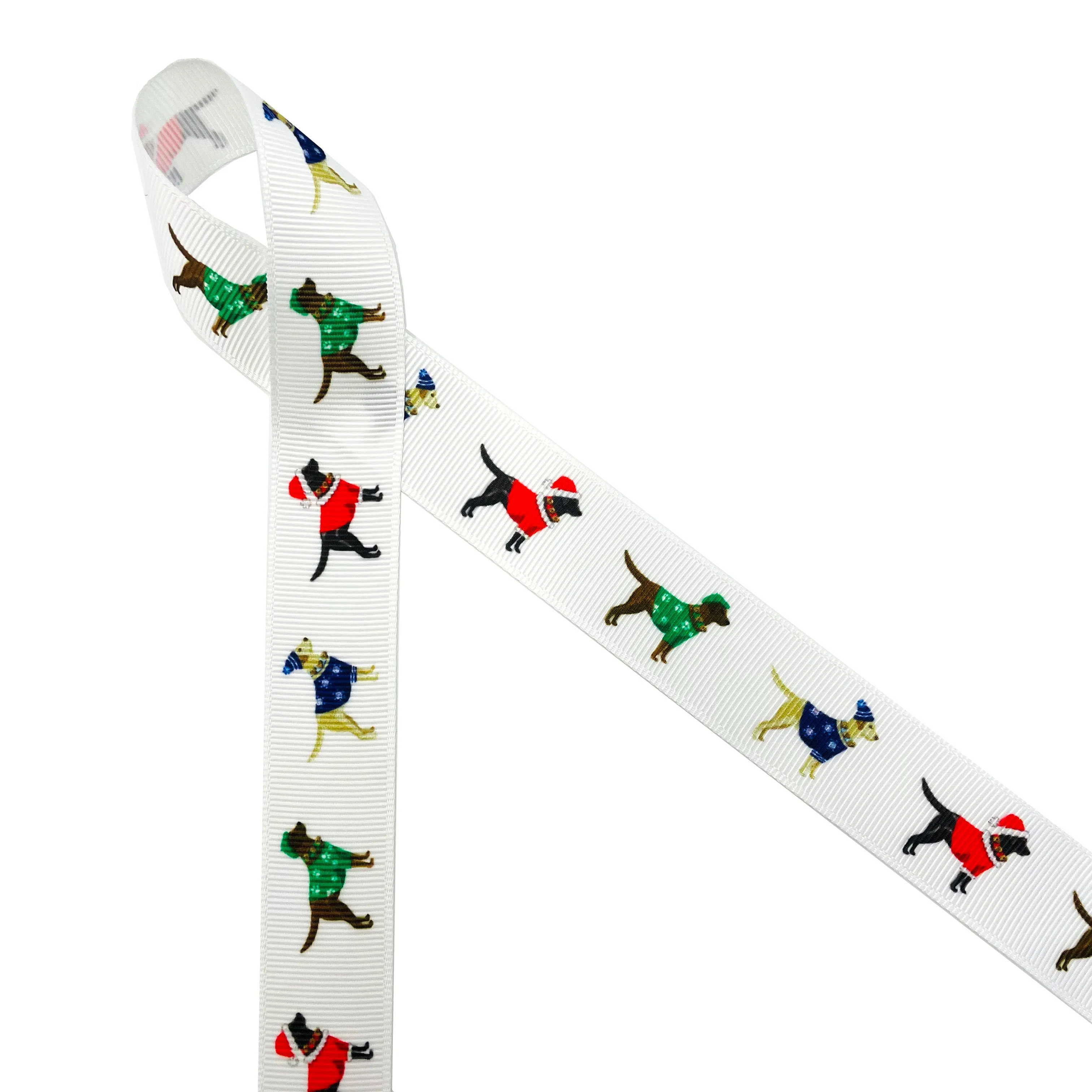 Labrador Retriever in holiday sweaters  ribbon printed on 7/8" white satin and grosgrain