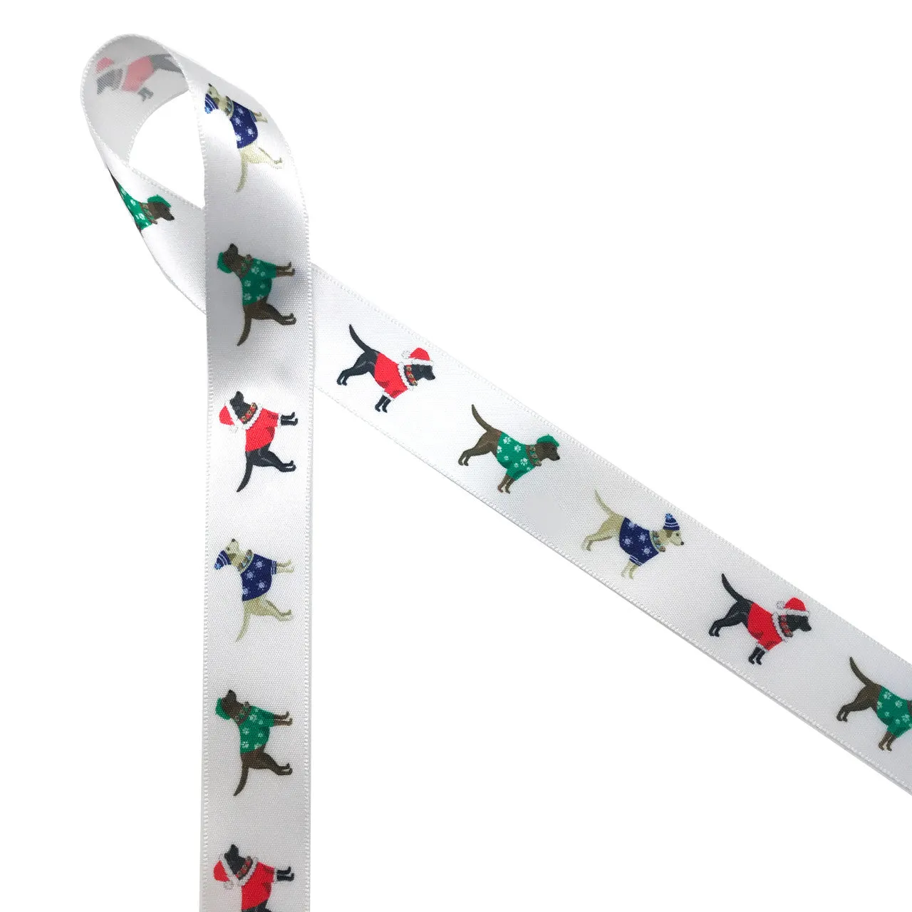 Labrador Retriever in holiday sweaters  ribbon printed on 7/8" white satin and grosgrain