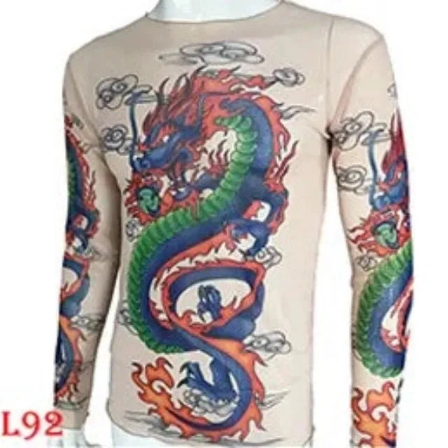 Long Sleeve Elastic Modal Thin All Over Print O-Neck Tattoo Shirt