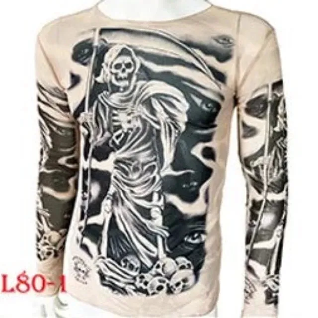 Long Sleeve Elastic Modal Thin All Over Print O-Neck Tattoo Shirt
