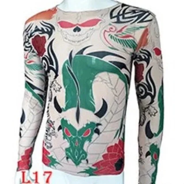 Long Sleeve Elastic Modal Thin All Over Print O-Neck Tattoo Shirt