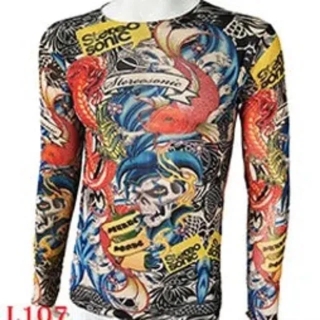 Long Sleeve Elastic Modal Thin All Over Print O-Neck Tattoo Shirt