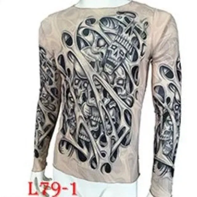 Long Sleeve Elastic Modal Thin All Over Print O-Neck Tattoo Shirt