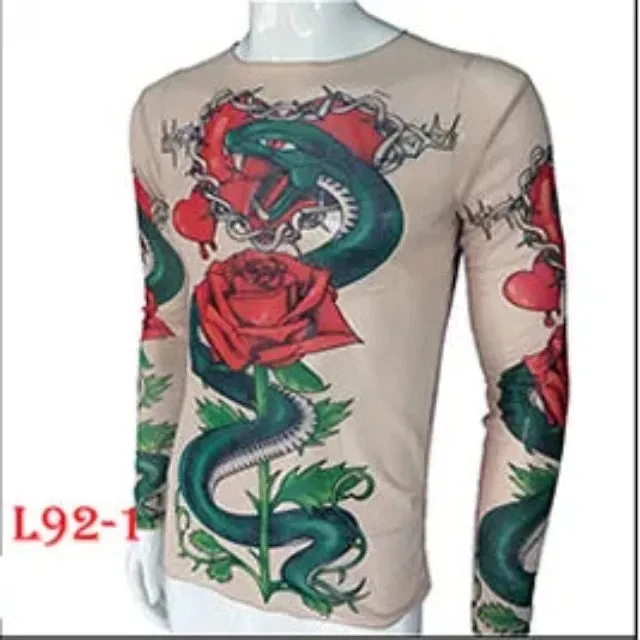 Long Sleeve Elastic Modal Thin All Over Print O-Neck Tattoo Shirt
