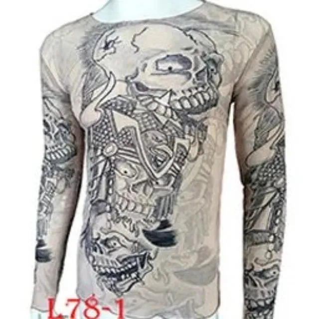 Long Sleeve Elastic Modal Thin All Over Print O-Neck Tattoo Shirt