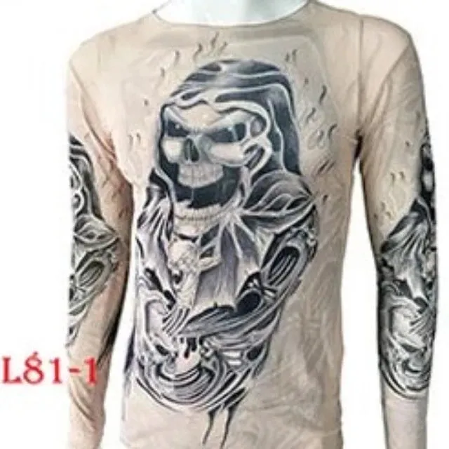Long Sleeve Elastic Modal Thin All Over Print O-Neck Tattoo Shirt