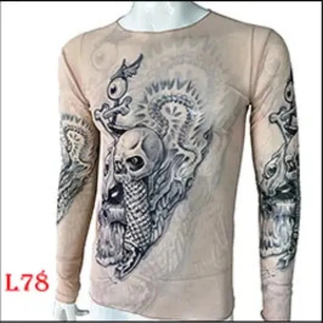 Long Sleeve Elastic Modal Thin All Over Print O-Neck Tattoo Shirt
