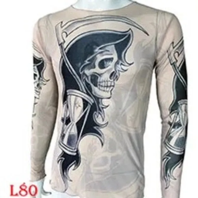 Long Sleeve Elastic Modal Thin All Over Print O-Neck Tattoo Shirt