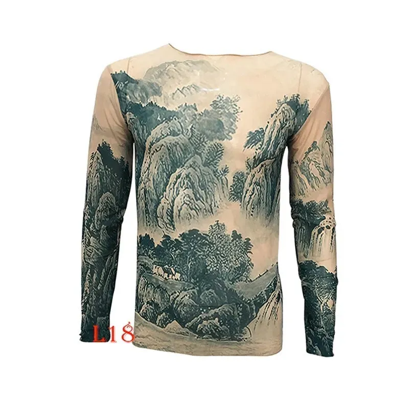Long Sleeve Elastic Modal Thin All Over Print O-Neck Tattoo Shirt