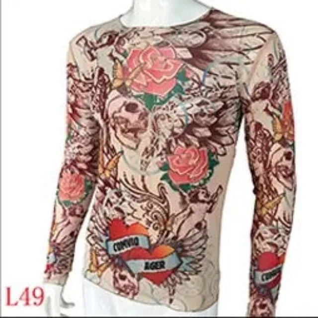 Long Sleeve Elastic Modal Thin All Over Print O-Neck Tattoo Shirt