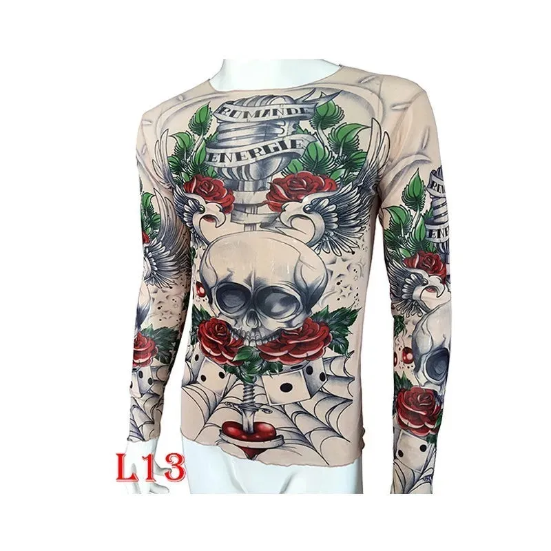 Long Sleeve Elastic Modal Thin All Over Print O-Neck Tattoo Shirt