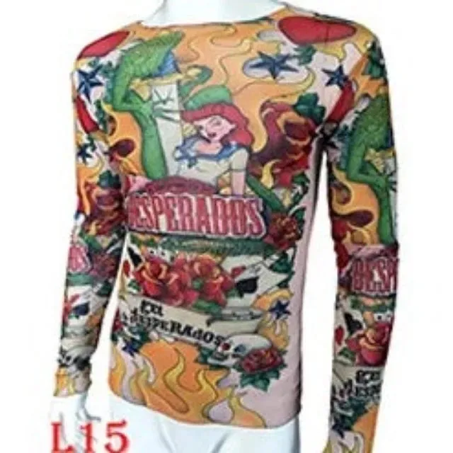 Long Sleeve Elastic Modal Thin All Over Print O-Neck Tattoo Shirt