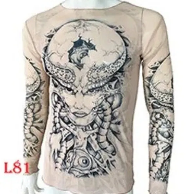 Long Sleeve Elastic Modal Thin All Over Print O-Neck Tattoo Shirt