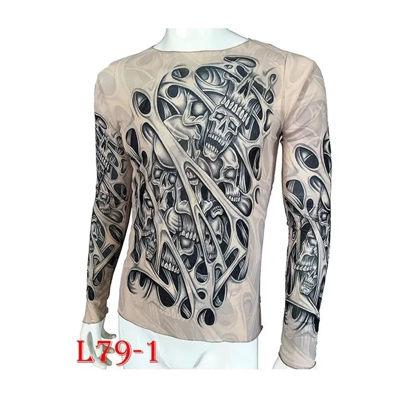 Long Sleeve Elastic Modal Thin All Over Print O-Neck Tattoo Shirt