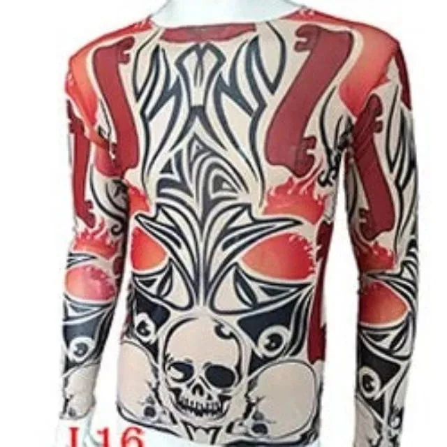 Long Sleeve Elastic Modal Thin All Over Print O-Neck Tattoo Shirt
