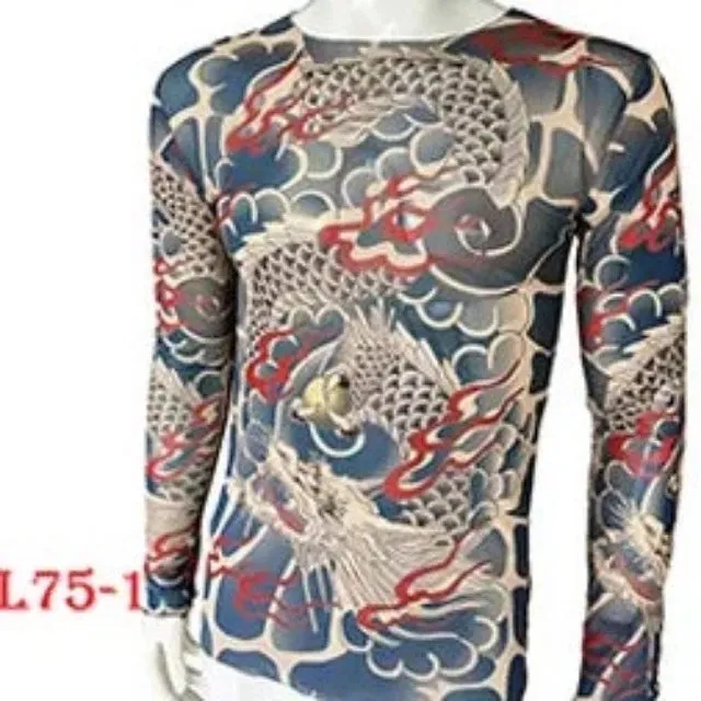 Long Sleeve Elastic Modal Thin All Over Print O-Neck Tattoo Shirt