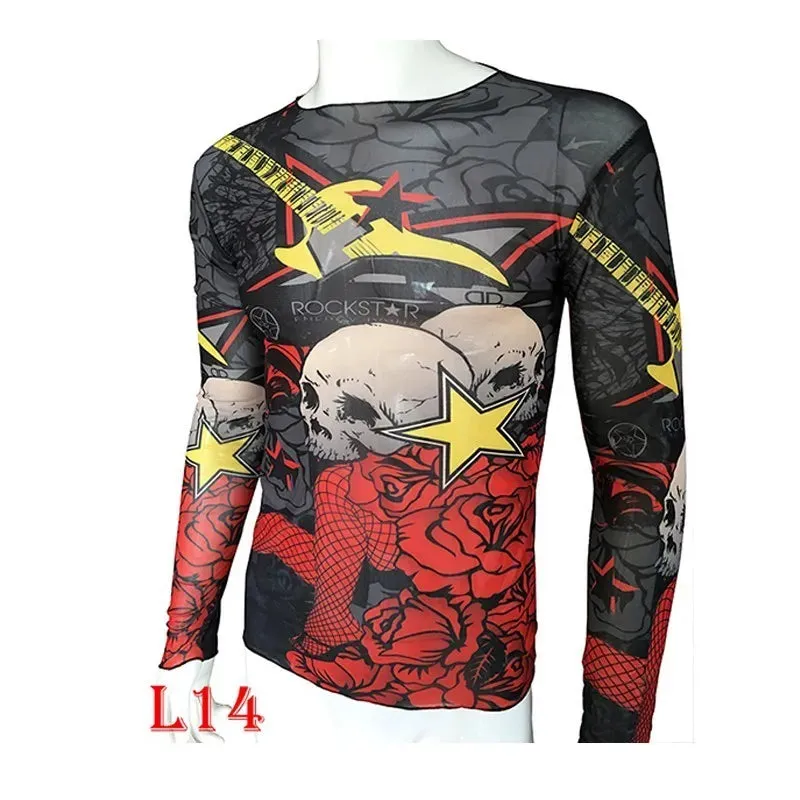 Long Sleeve Elastic Modal Thin All Over Print O-Neck Tattoo Shirt
