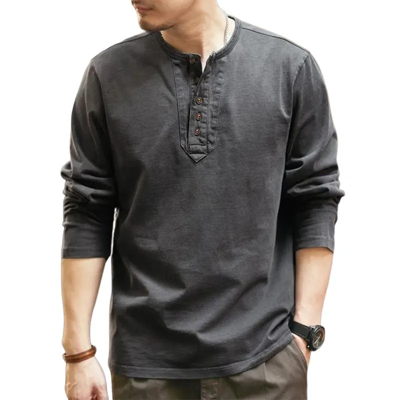 Men's Casual Button Round Neck Long Sleeve Solid Color T-Shirt 77046405U
