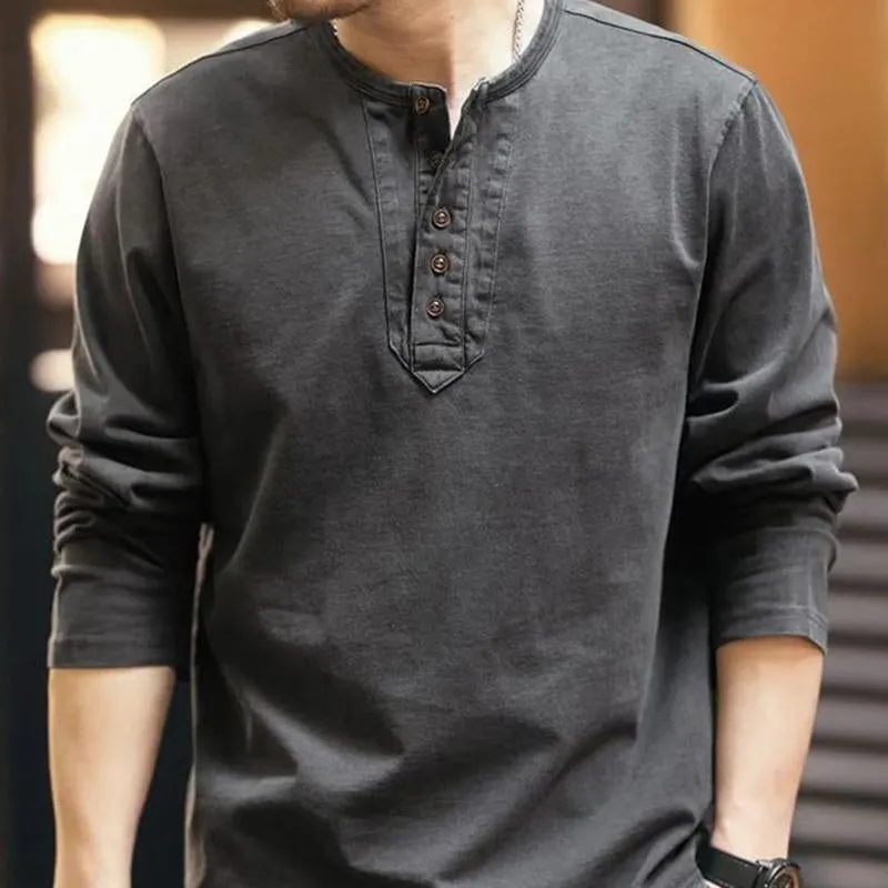 Men's Casual Button Round Neck Long Sleeve Solid Color T-Shirt 77046405U