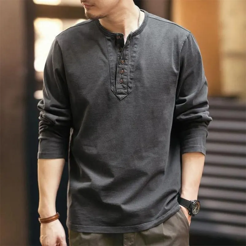 Men's Casual Button Round Neck Long Sleeve Solid Color T-Shirt 77046405U