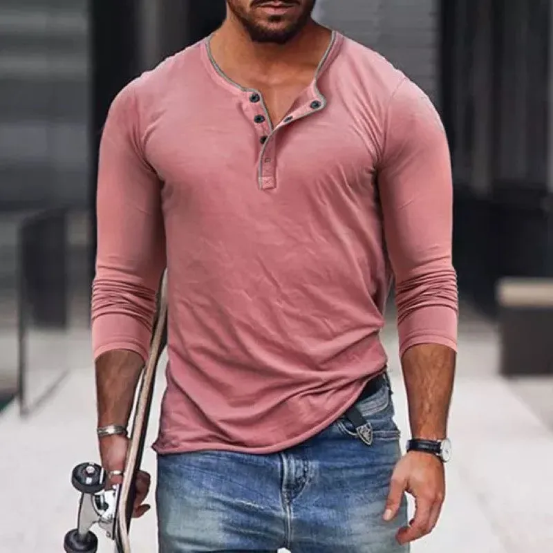 Men's Casual Henry V-Neck Long Sleeve T-Shirt