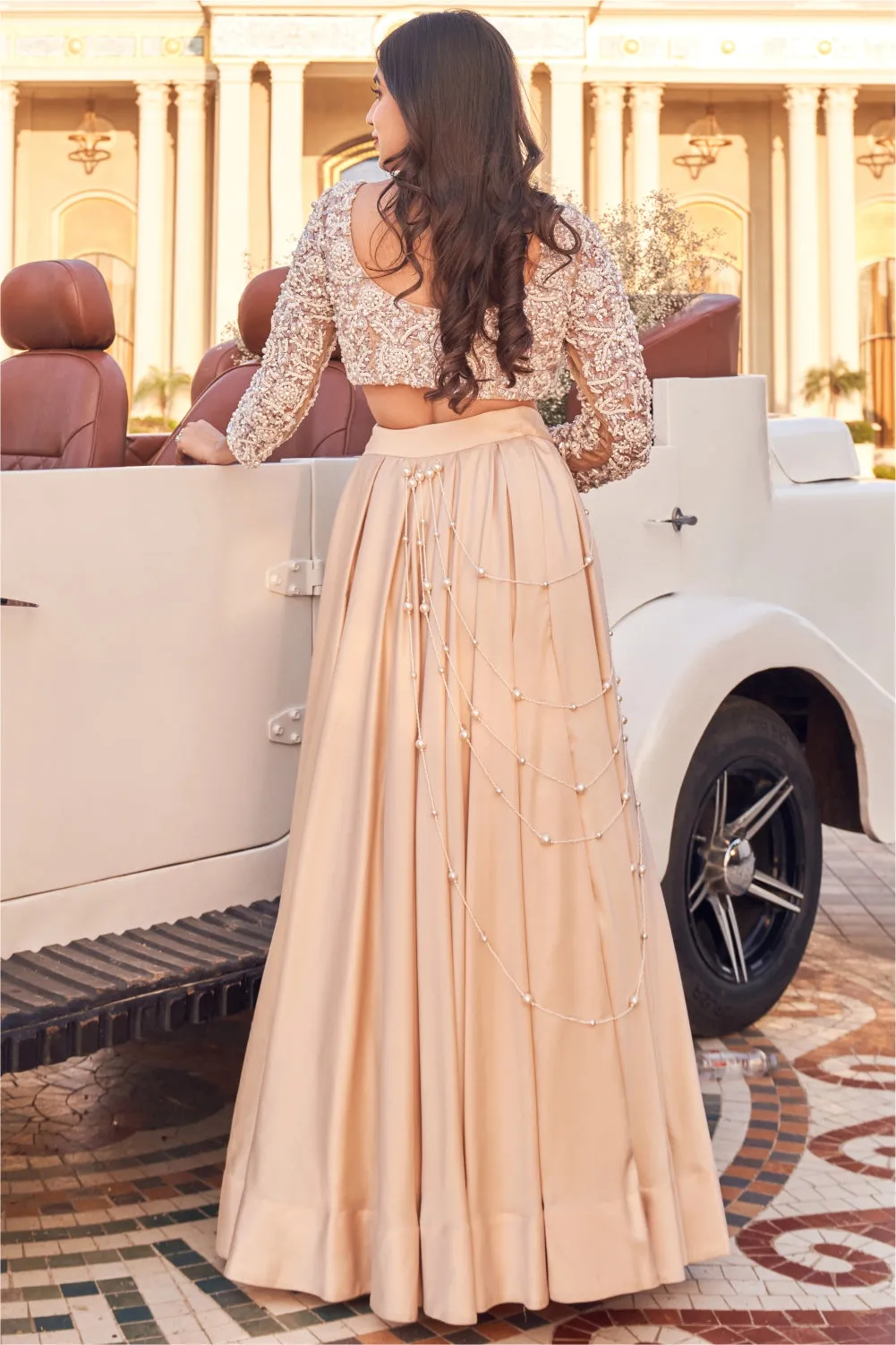 Peril Full Sleeve Organza Blouse with Satin Skirt