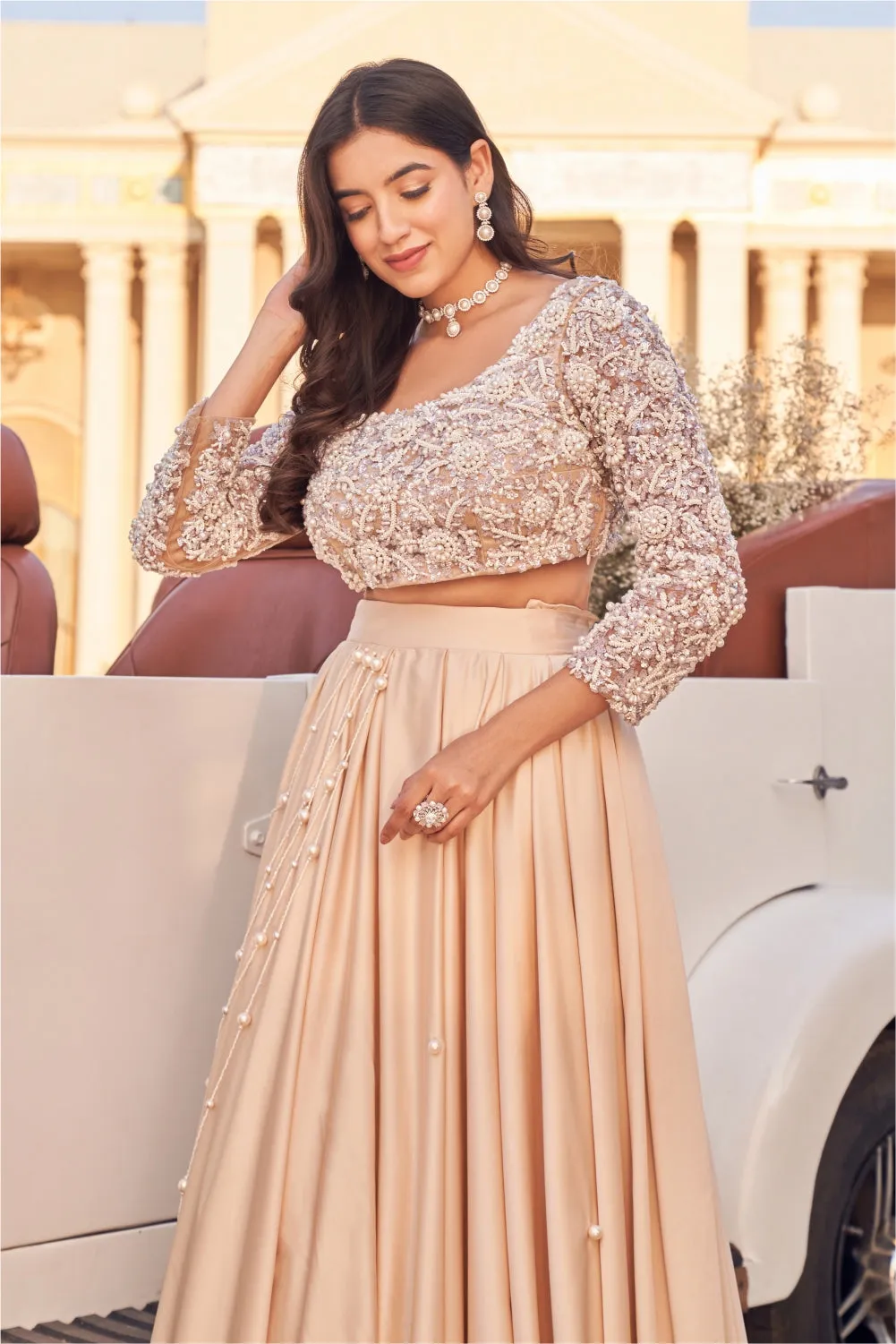 Peril Full Sleeve Organza Blouse with Satin Skirt