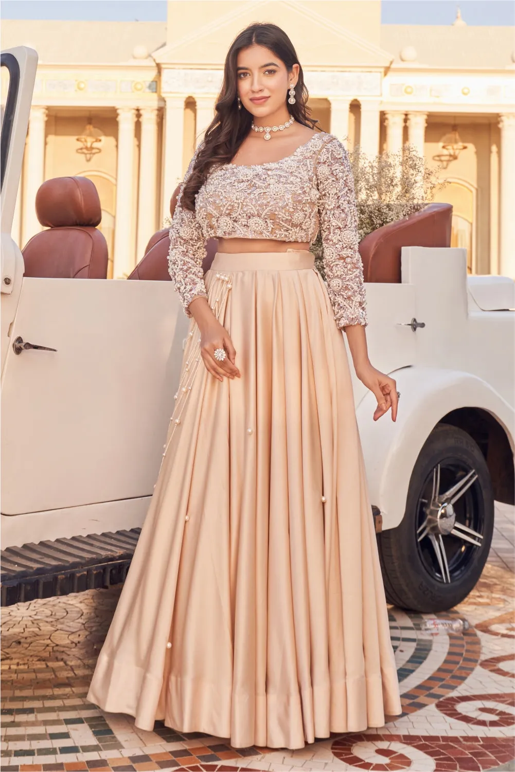 Peril Full Sleeve Organza Blouse with Satin Skirt