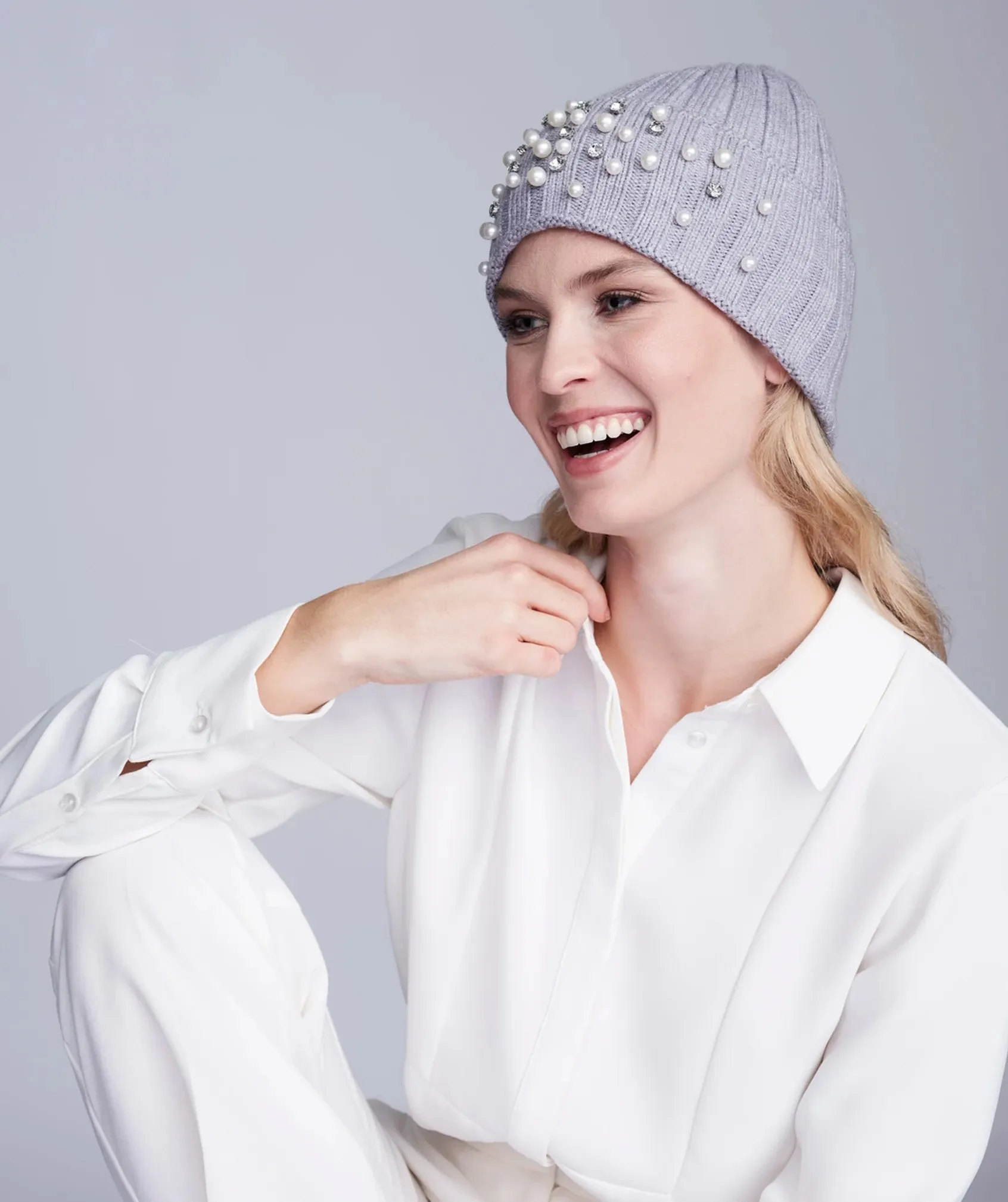 Pia Rossini Christian Silver Grey Chunky Knit Hat Pearl Embellished Hat