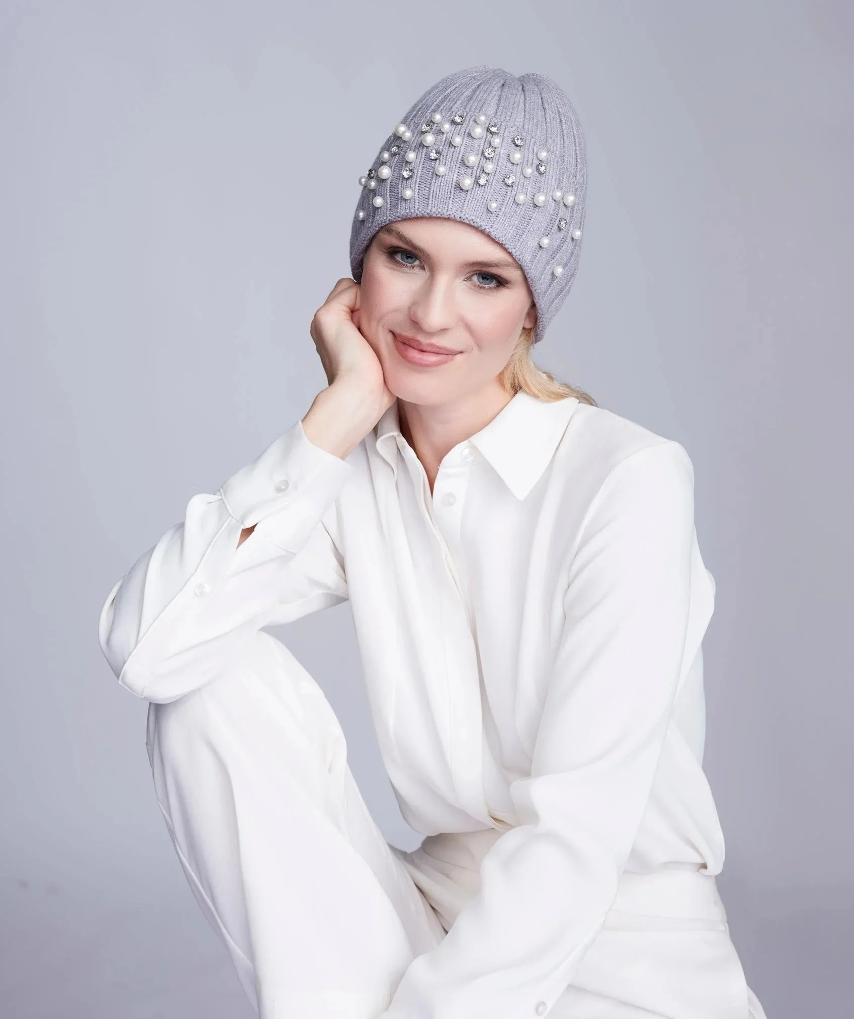 Pia Rossini Christian Silver Grey Chunky Knit Hat Pearl Embellished Hat