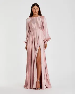 Pink Pleated High Neck Raglan Long Sleeve Side Slit Gown