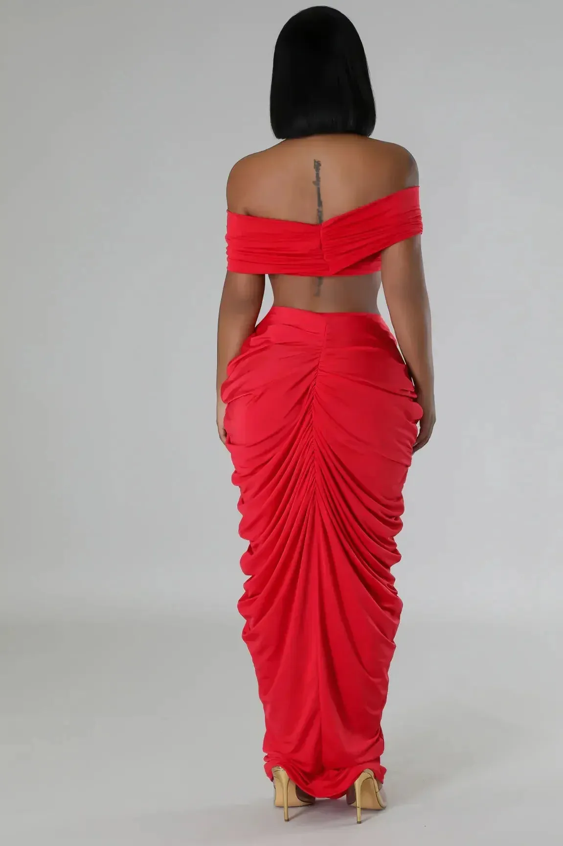 Pleated Strapless Crop Top and Long Skirt Suit