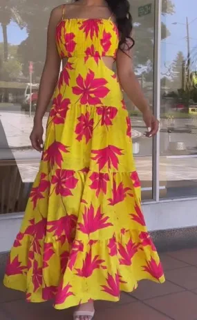 Red Leaf Print Yellow Maxi Dress
