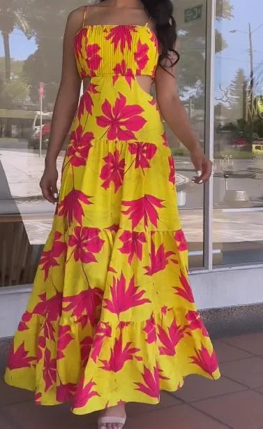 Red Leaf Print Yellow Maxi Dress