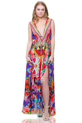 Red Plunging V Neckline Maxi