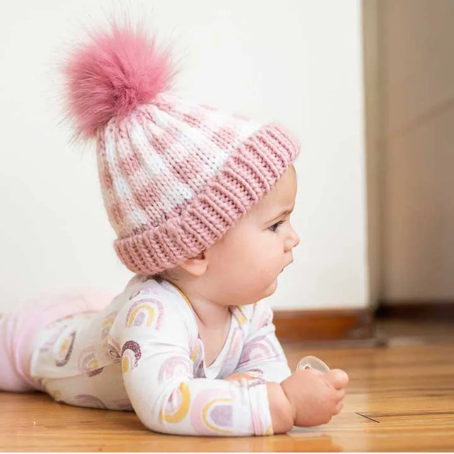 Rosy Pink Buffalo Check Pom Pom Beanie Hat
