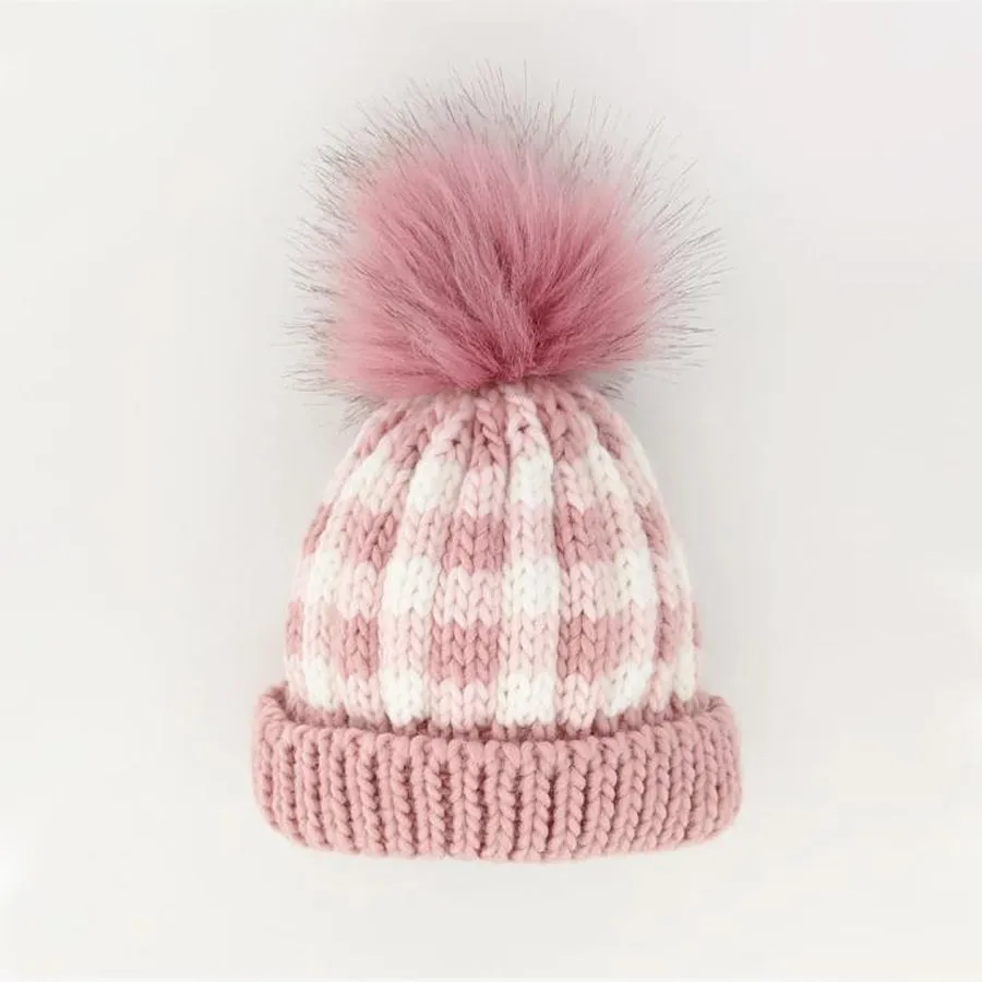 Rosy Pink Buffalo Check Pom Pom Beanie Hat