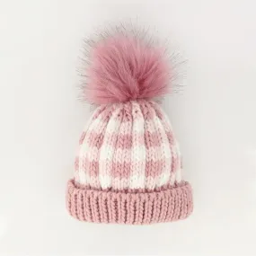 Rosy Pink Buffalo Check Pom Pom Beanie Hat