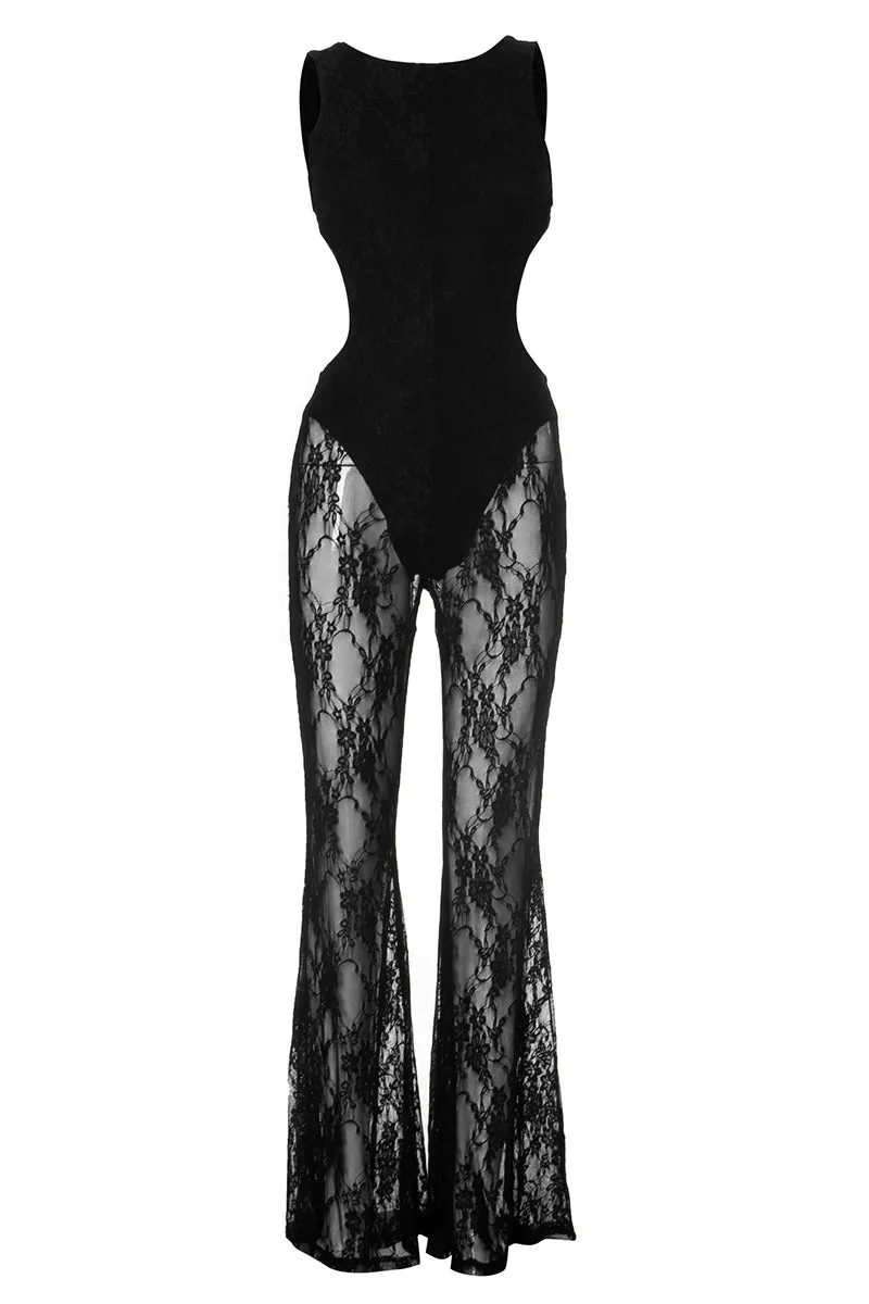 Round Neck Lace Panel Sleeveless Backless Bodycon Jumpsuit